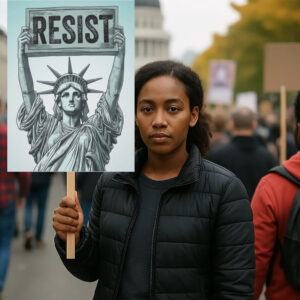 Statue of Liberty holding Resist Protest Sign