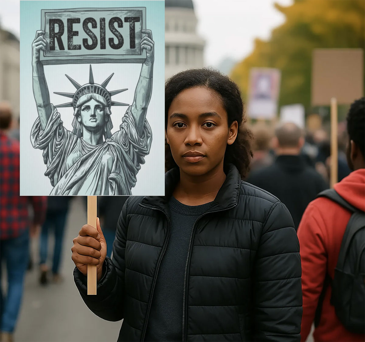 Statue of Liberty holding Resist Protest Sign