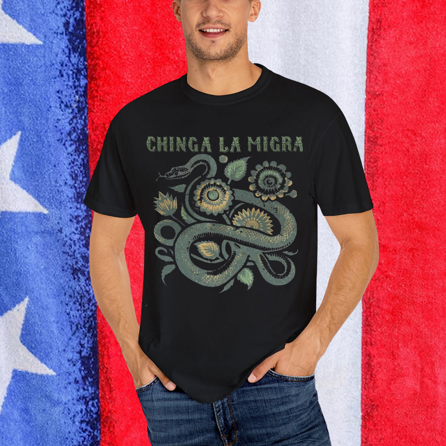 Chinga La Migra Shirt Folk Art Snake Floral Design Shirt