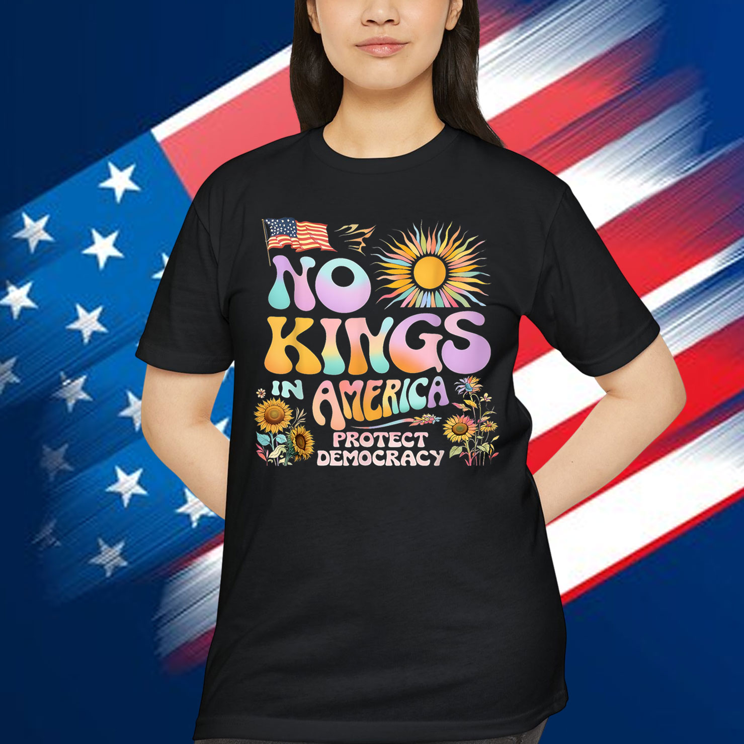 Floral 70s Women No King Democracy In American Retro T-Shirt