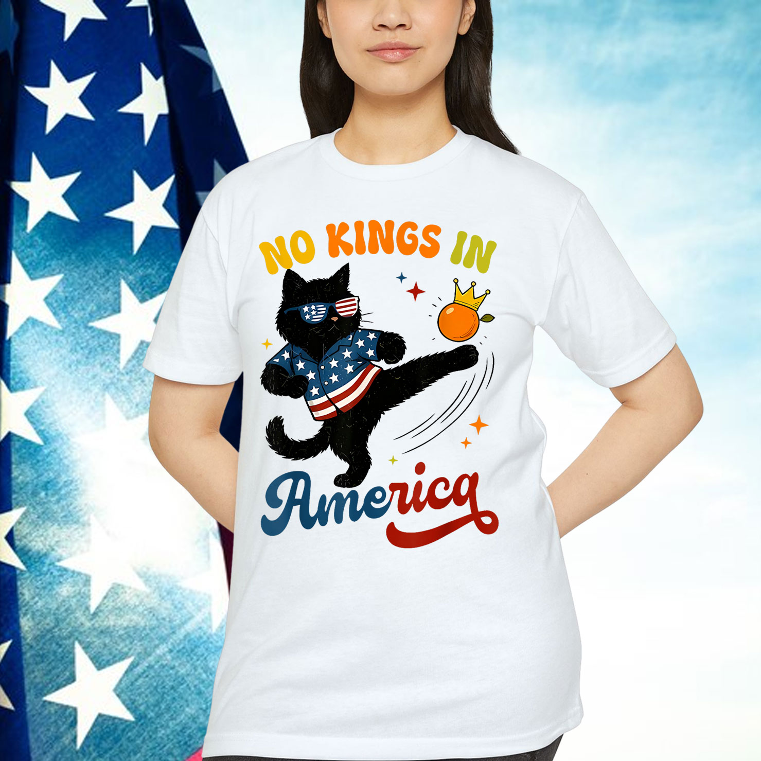 No Faux King Way America Funny Black Cat T-Shirt