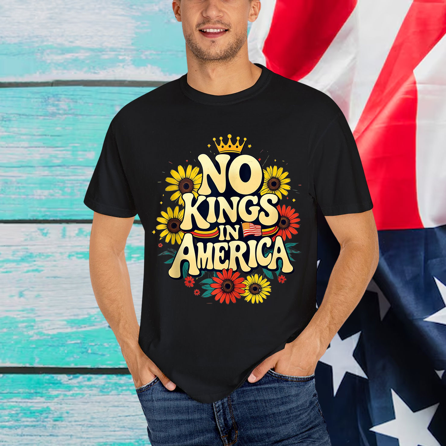 No King In American Retro Floral T-Shirt