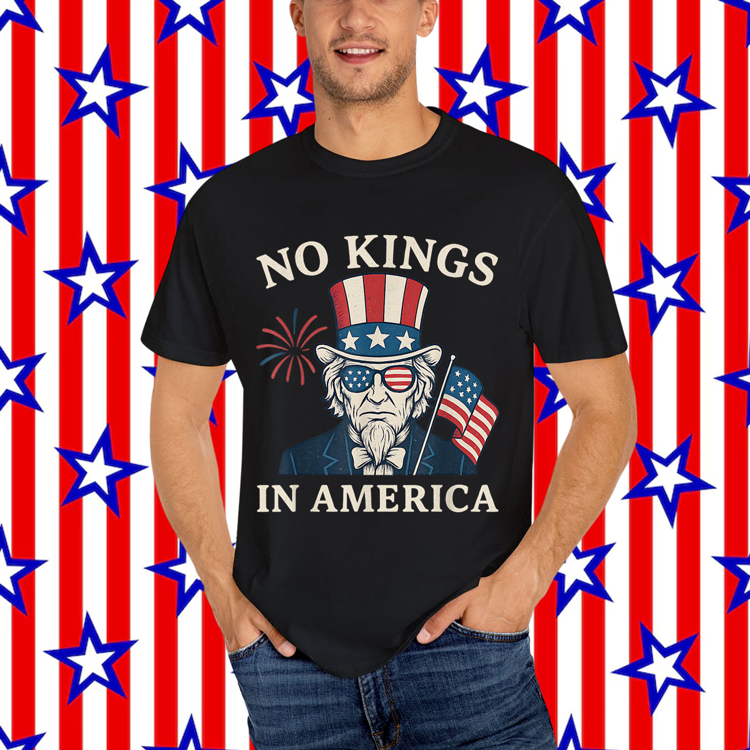 No Kings In America 4th Of July Uncle Sam Independence T-Shirt