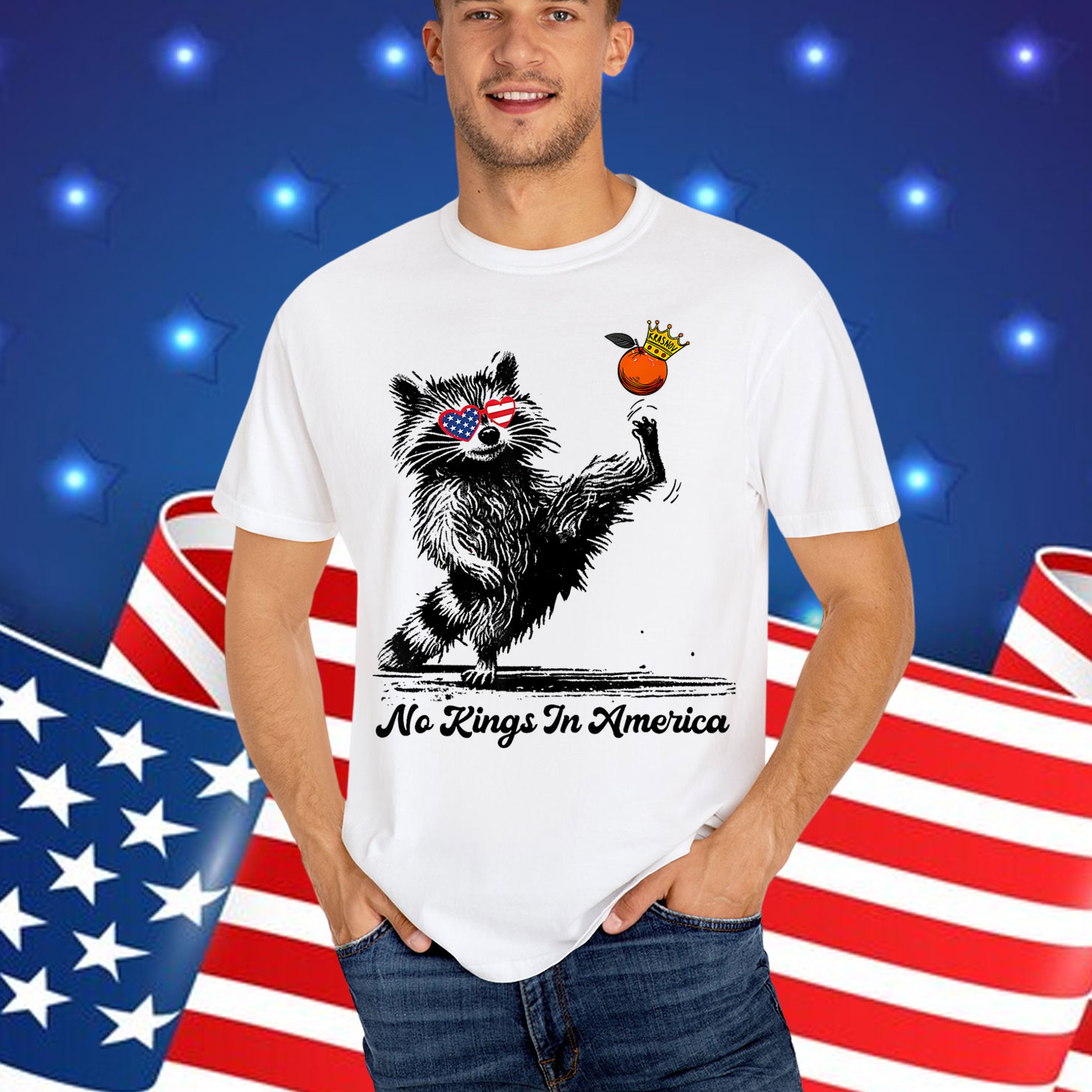No Kings In America Funny Raccoon T-Shirt