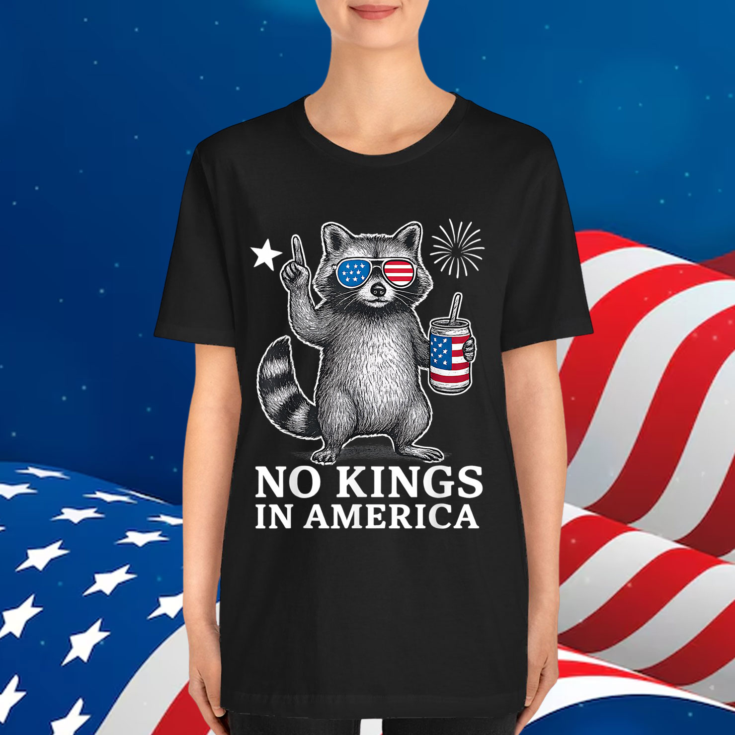 No Kings In America Patriotic Raccoon T-Shirt