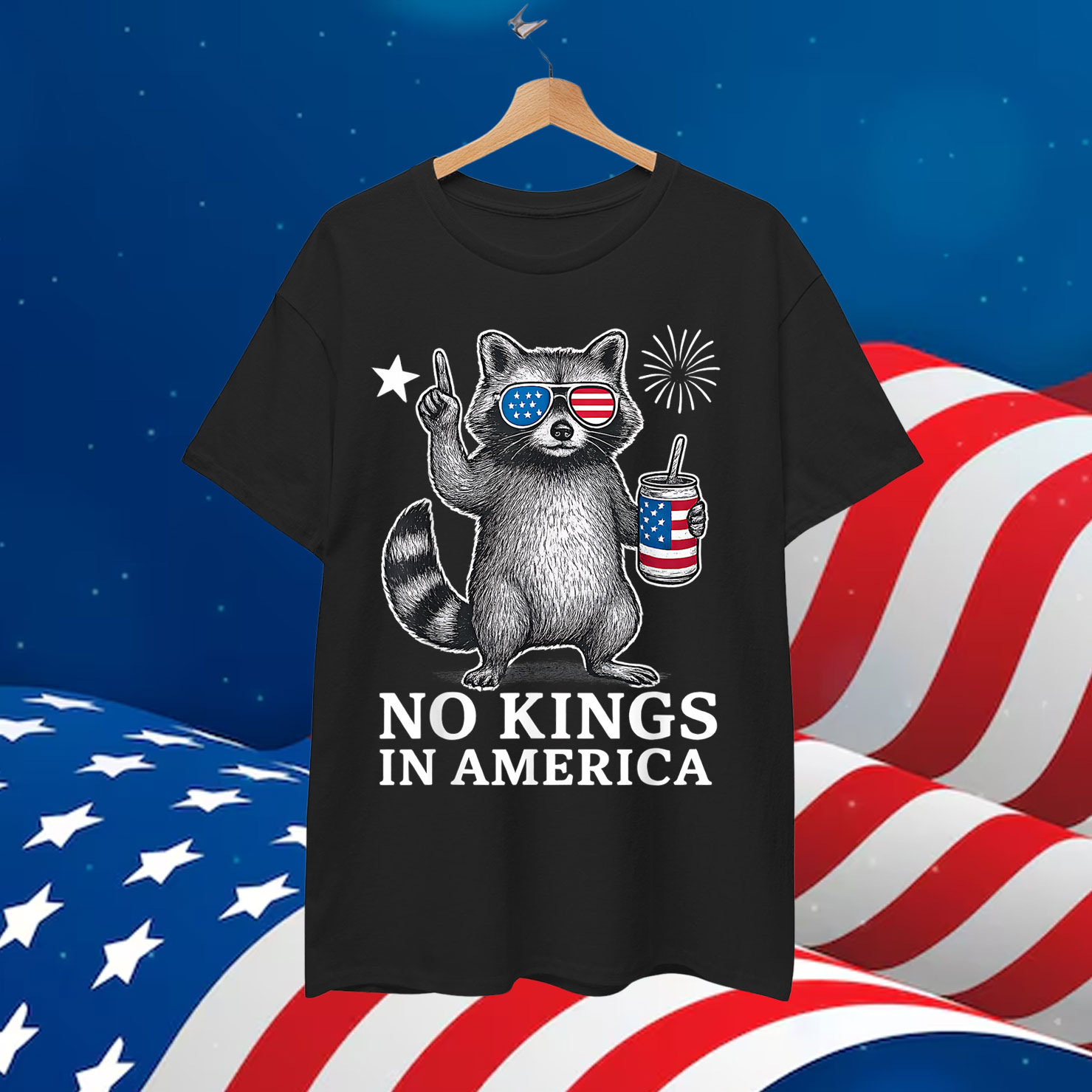 No Kings In America Patriotic Raccoon T-Shirt