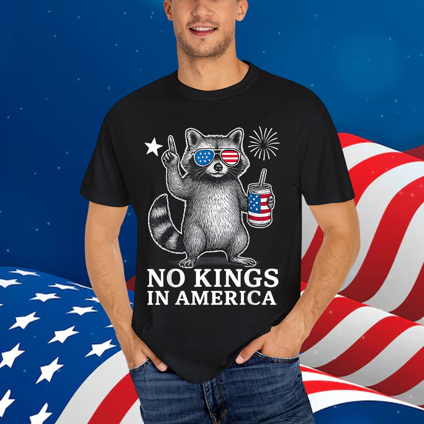 No Kings In America Patriotic Raccoon T-Shirt