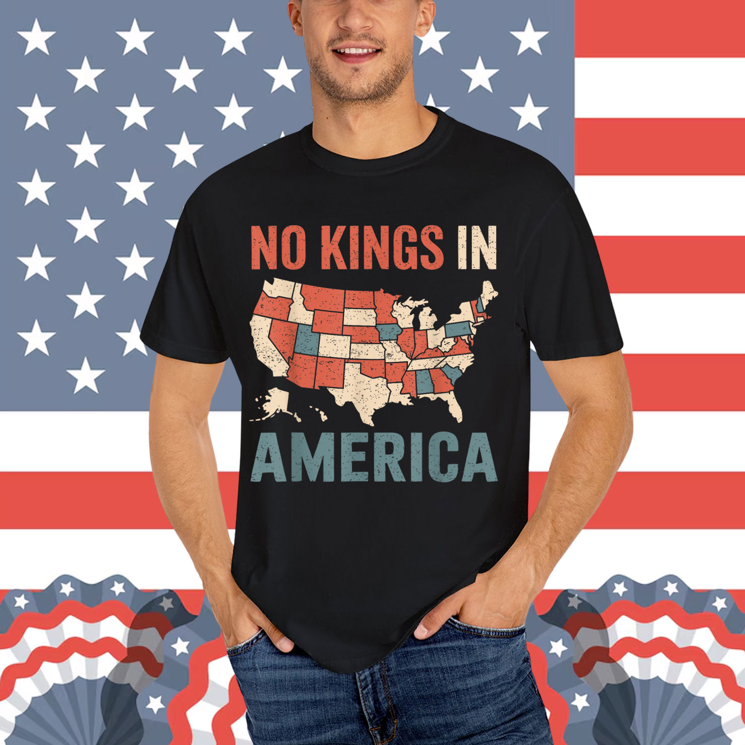 No Kings In America Retro USA Map Patriotic T-Shirt