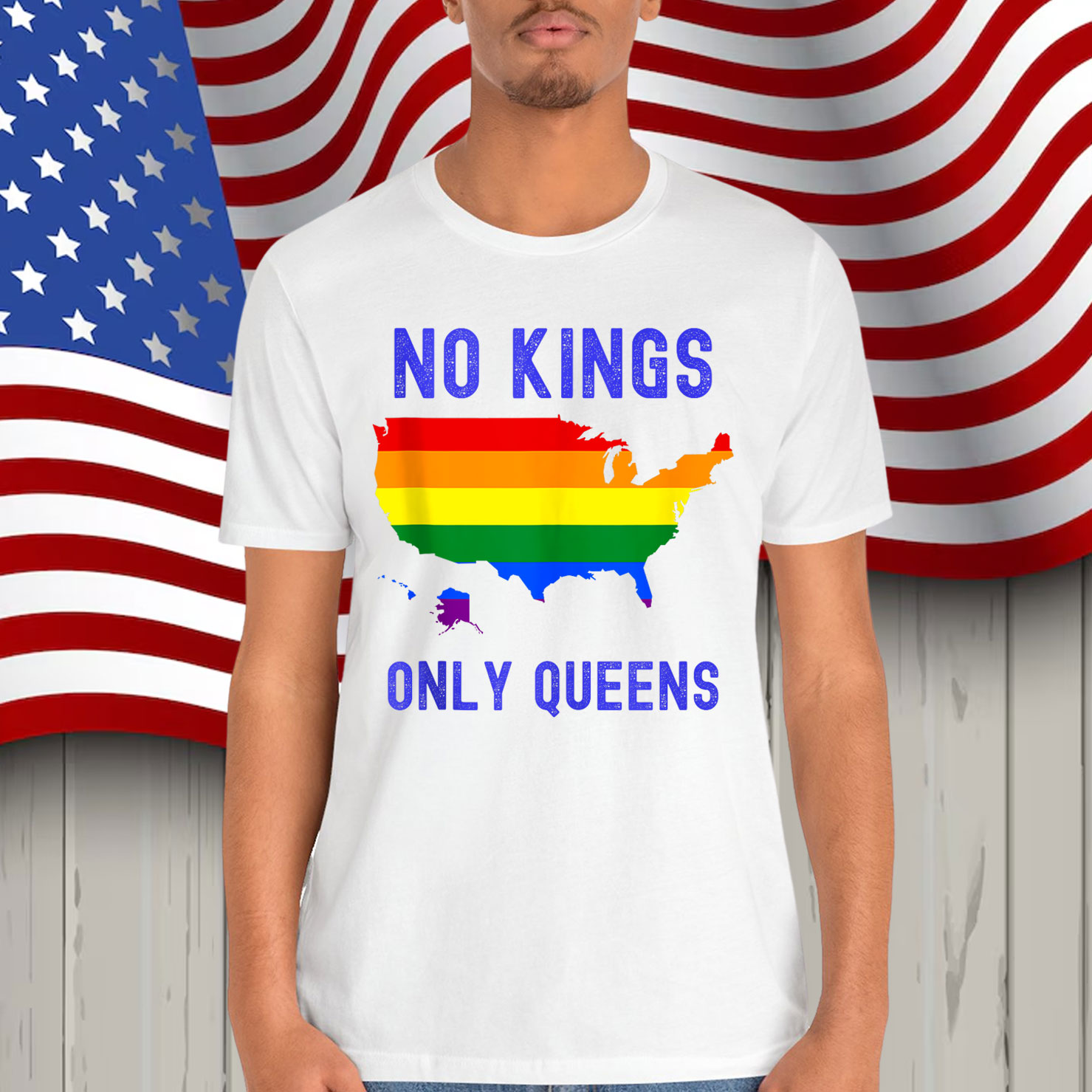 No Kings Only Queens USA Pride Rainbow Quote Slogan Shirt