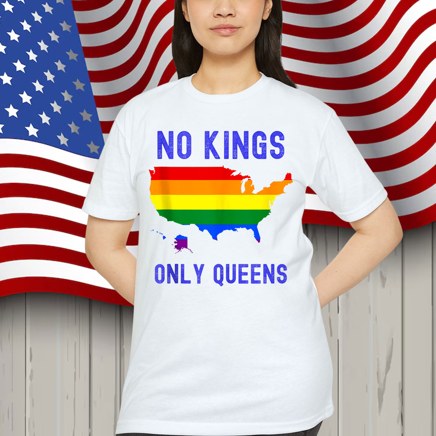 No Kings Only Queens USA Pride Rainbow Quote Slogan Shirt