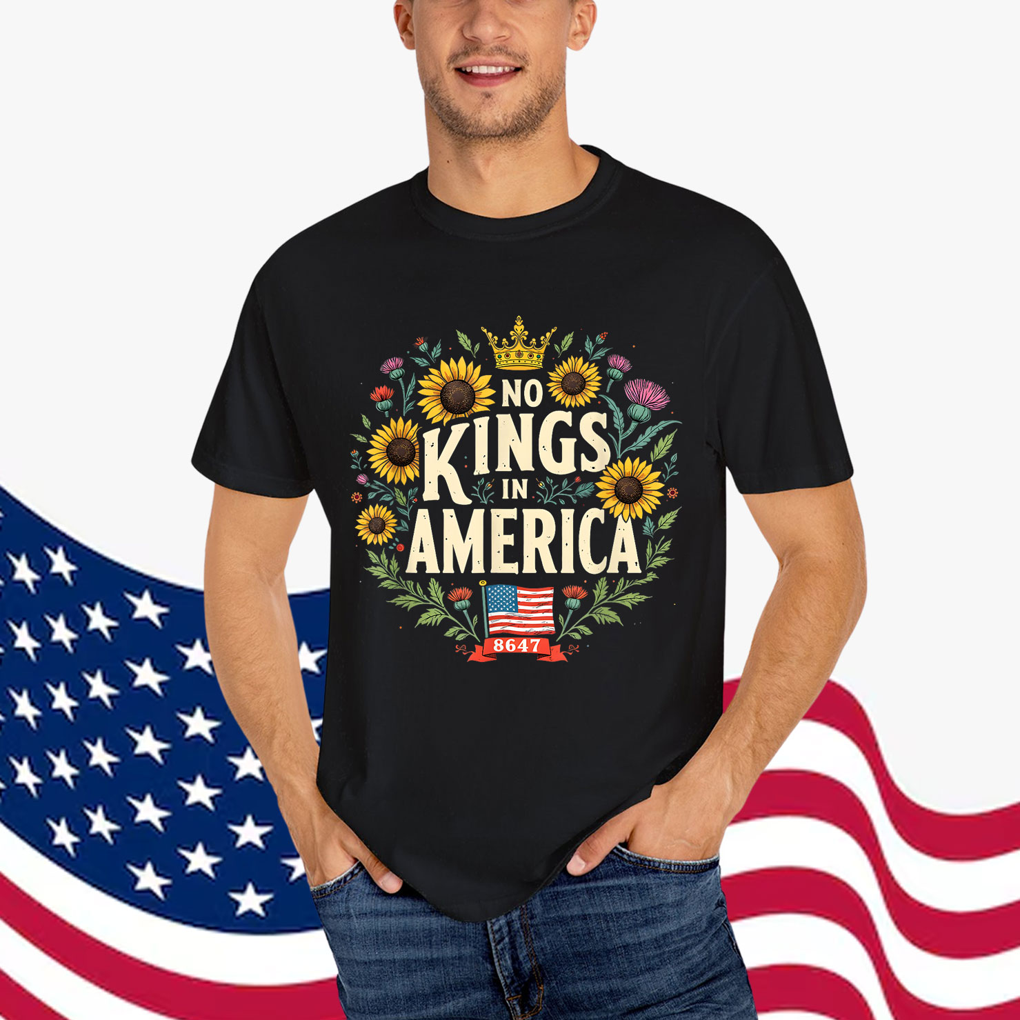 No Kings in America 8647 Floral Patriotic Freedom T-Shirt