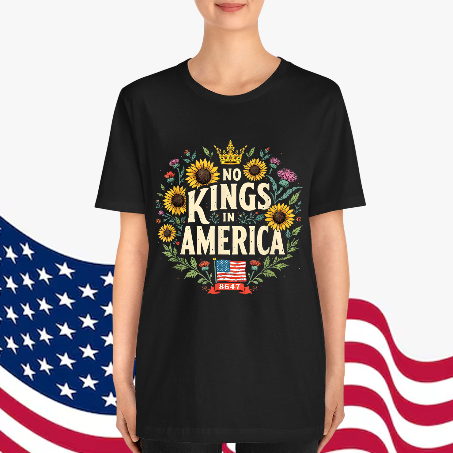 No Kings in America 8647 Floral Patriotic Freedom T-Shirt