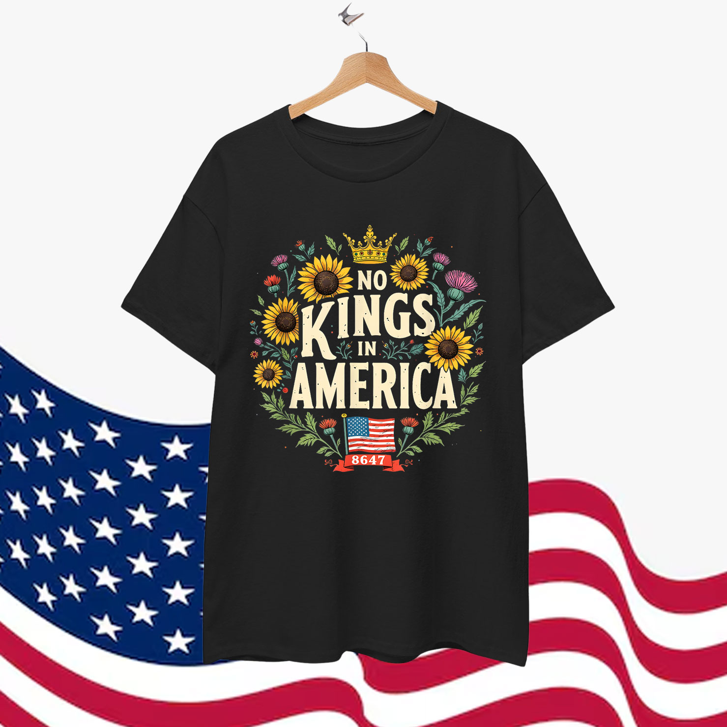 No Kings in America 8647 Floral Patriotic Freedom T-Shirt