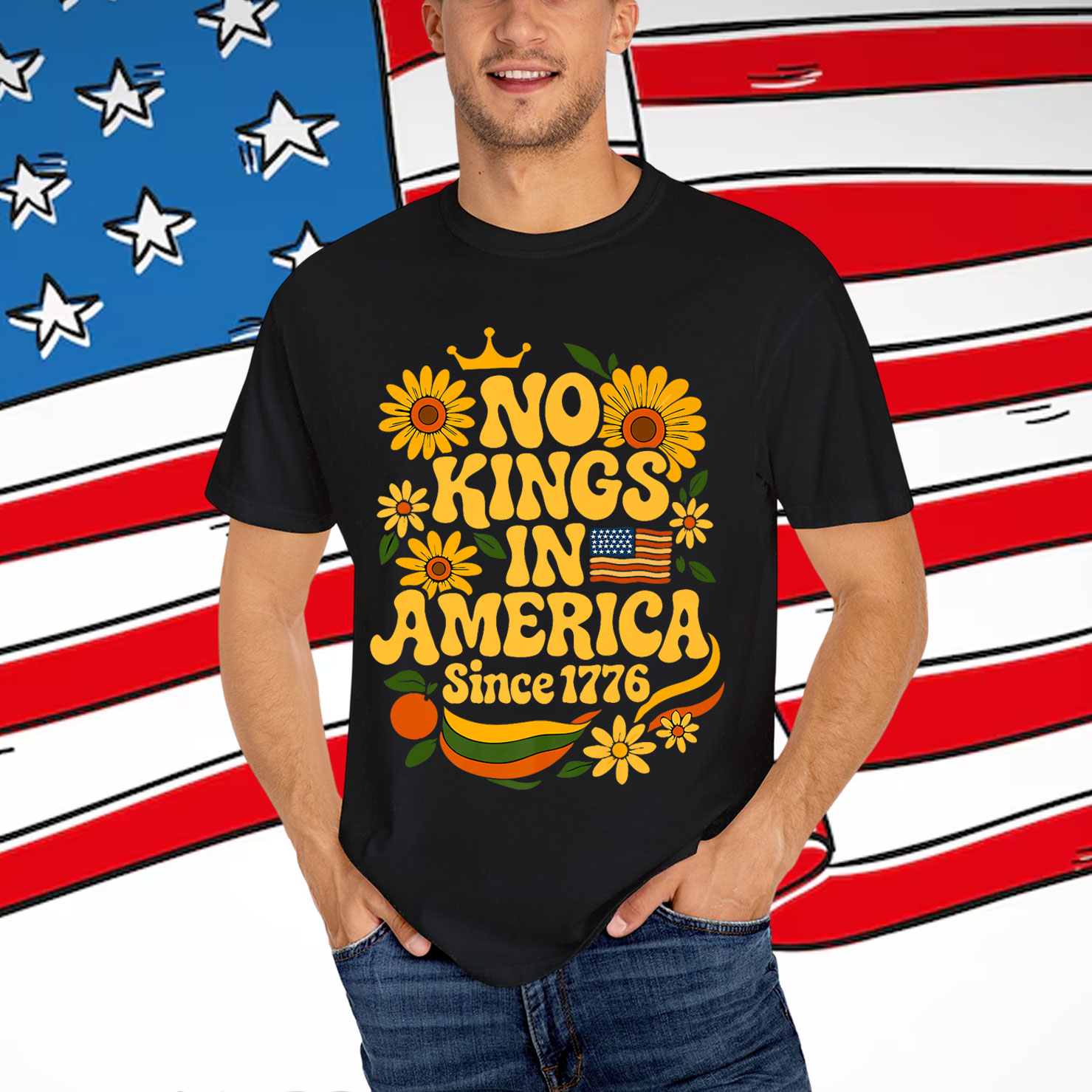 No Kings in America Since 1776 Groovy Floral T-Shirt