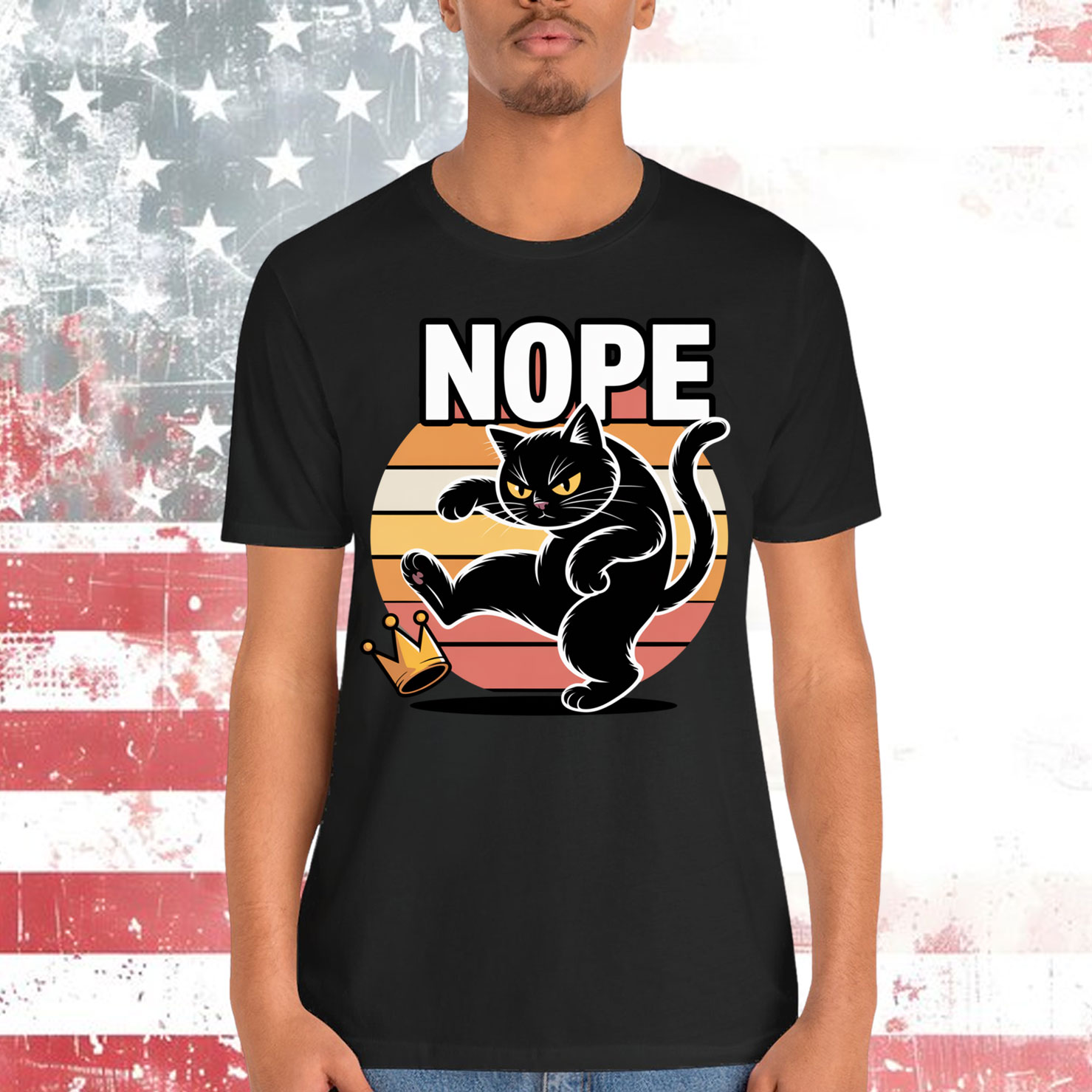 Nope Cat Kicking Crown Funny Kings America T-Shirt