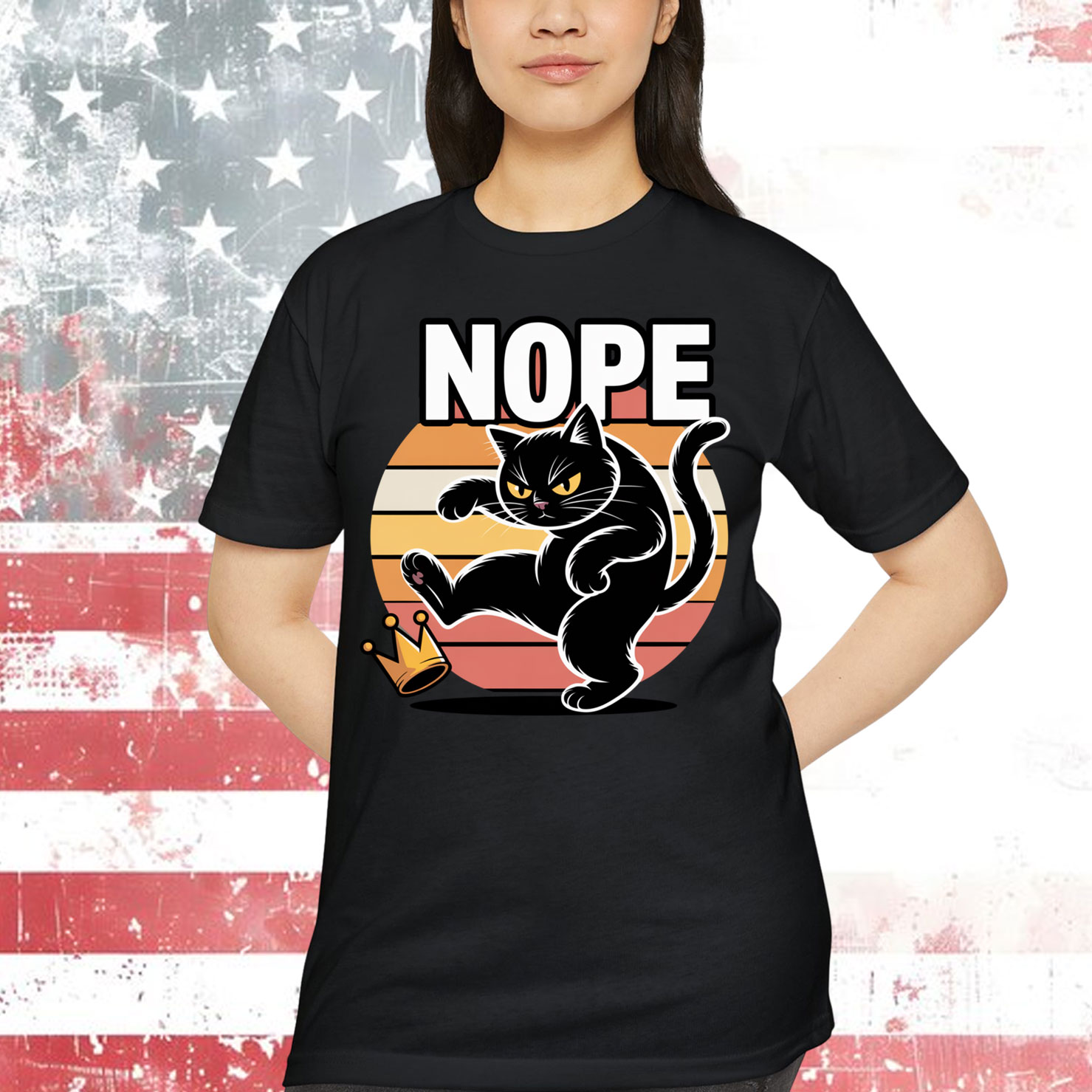 Nope Cat Kicking Crown Funny Kings America T-Shirt