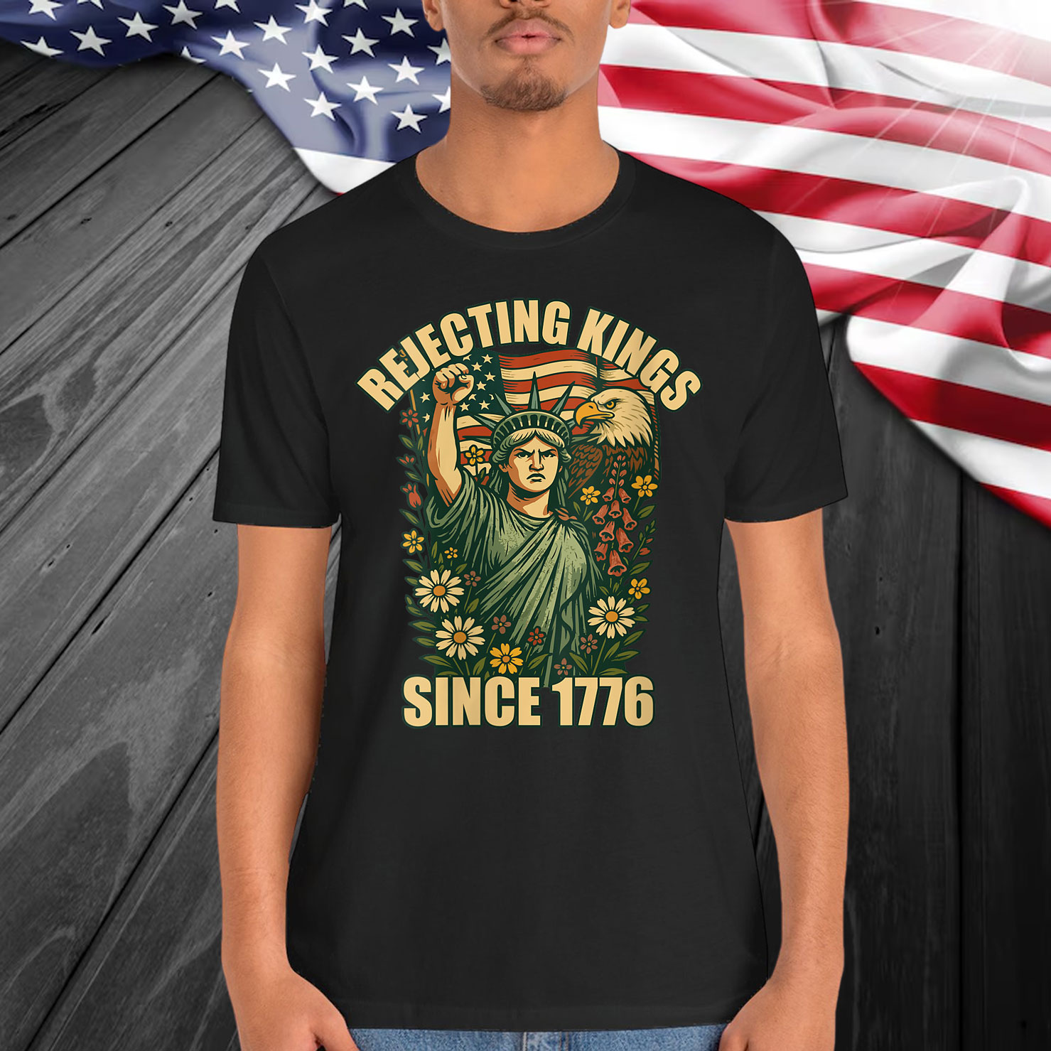 Rejecting Kings 1776 Foxglove Daisy Tulip Flowers Bald Eagle T-Shirt