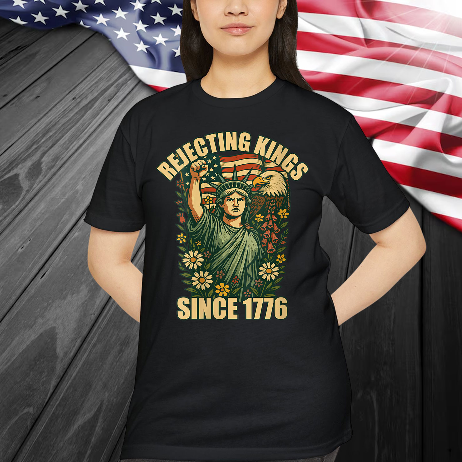 Rejecting Kings 1776 Foxglove Daisy Tulip Flowers Bald Eagle T-Shirt