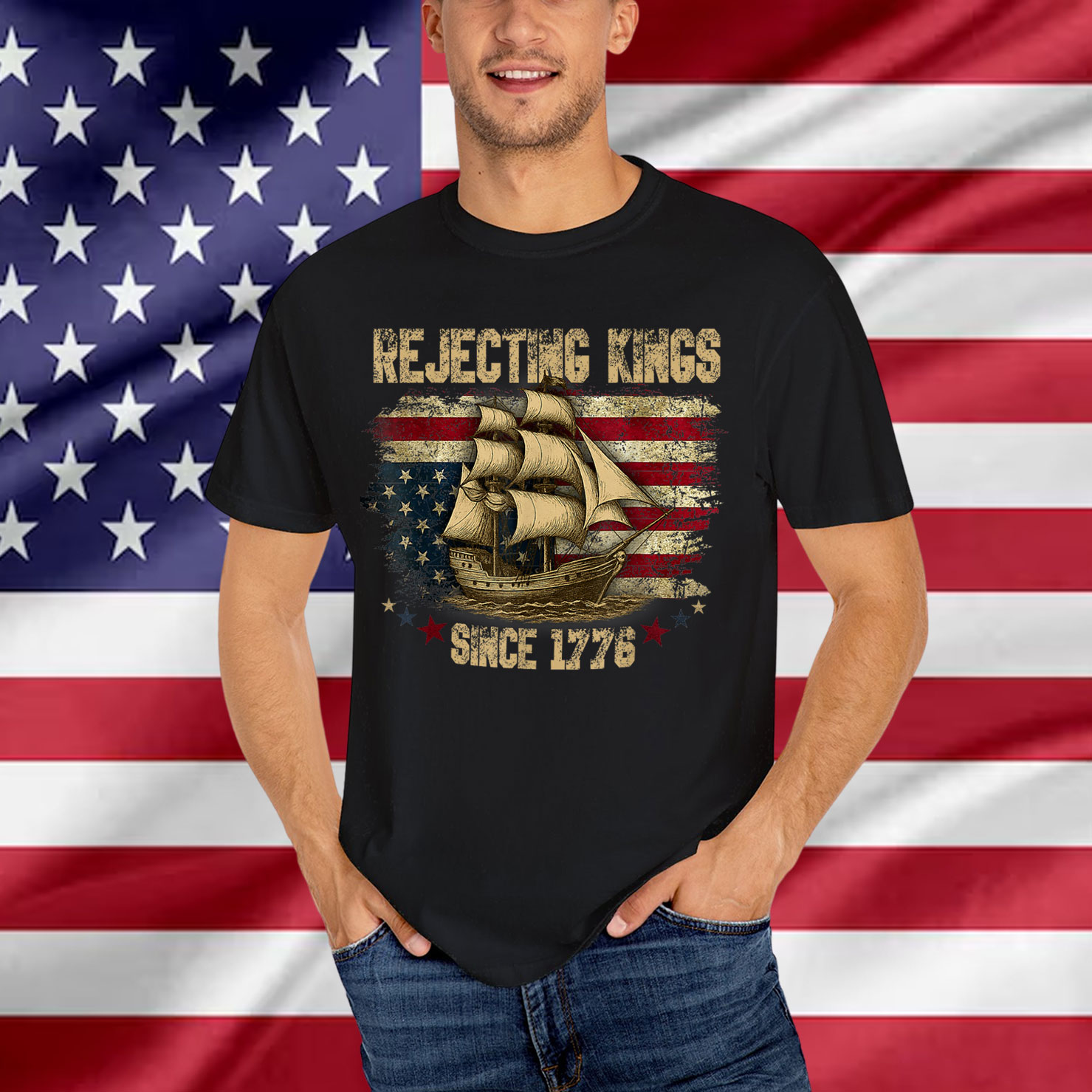 Rejecting Kings Since 1776 Liberty Patriotic USA Sailboat T-Shirt