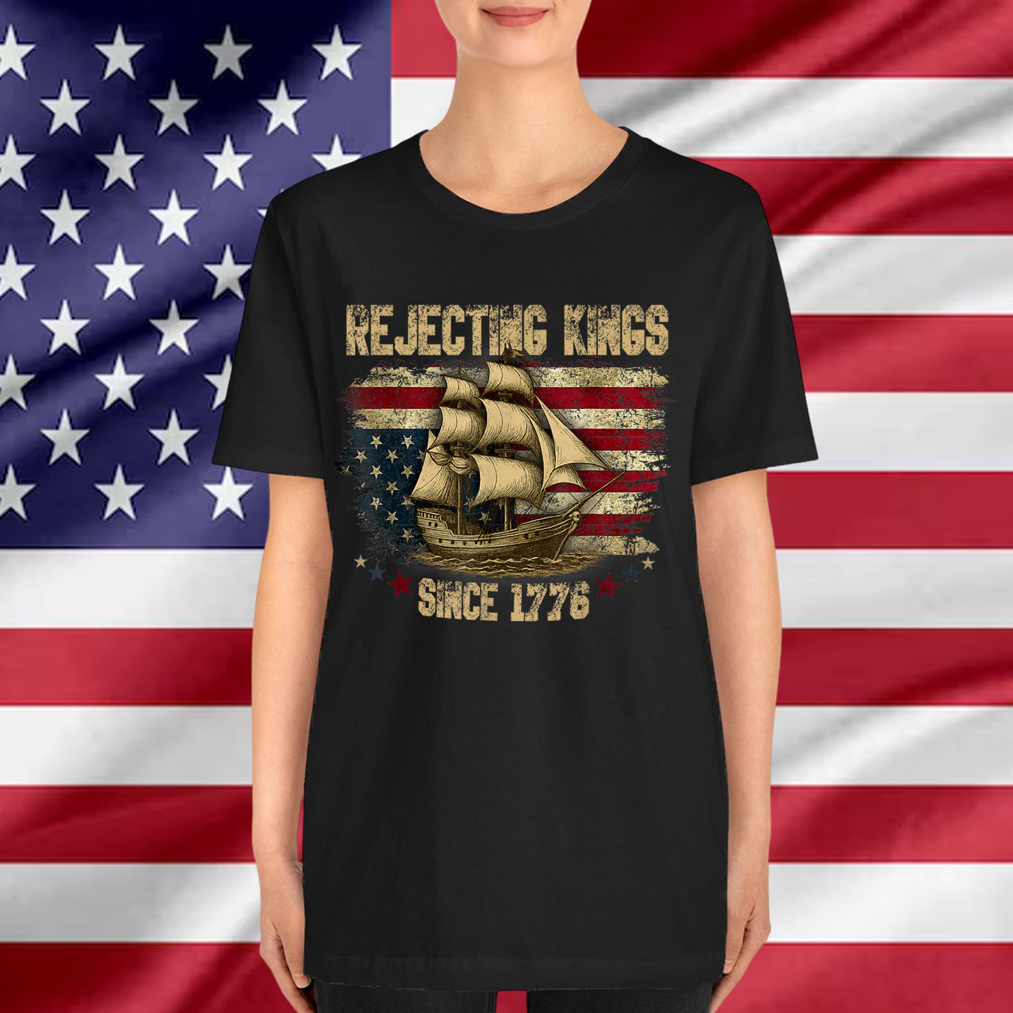 Rejecting Kings Since 1776 Liberty Patriotic USA Sailboat T-Shirt