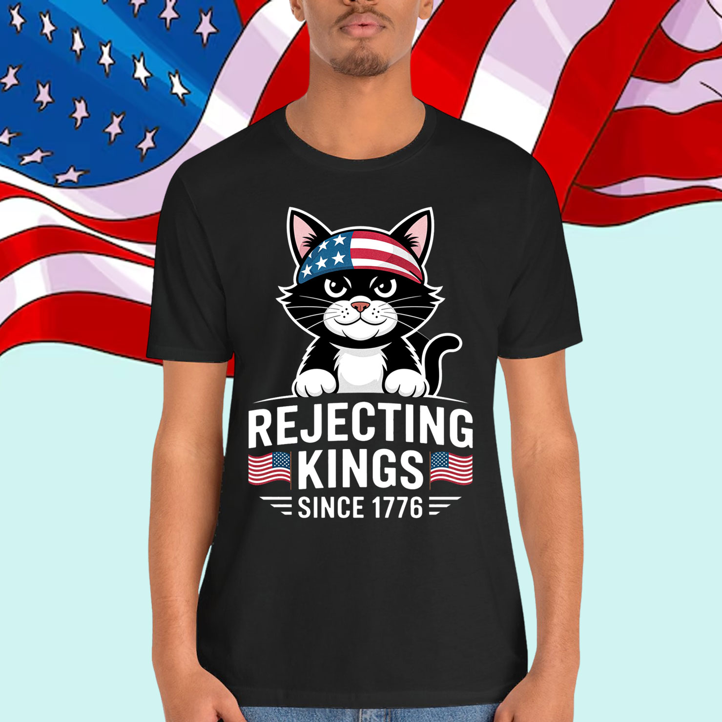 Rejecting Kings Since 1776 Patriotic USA Black Cat T-Shirt
