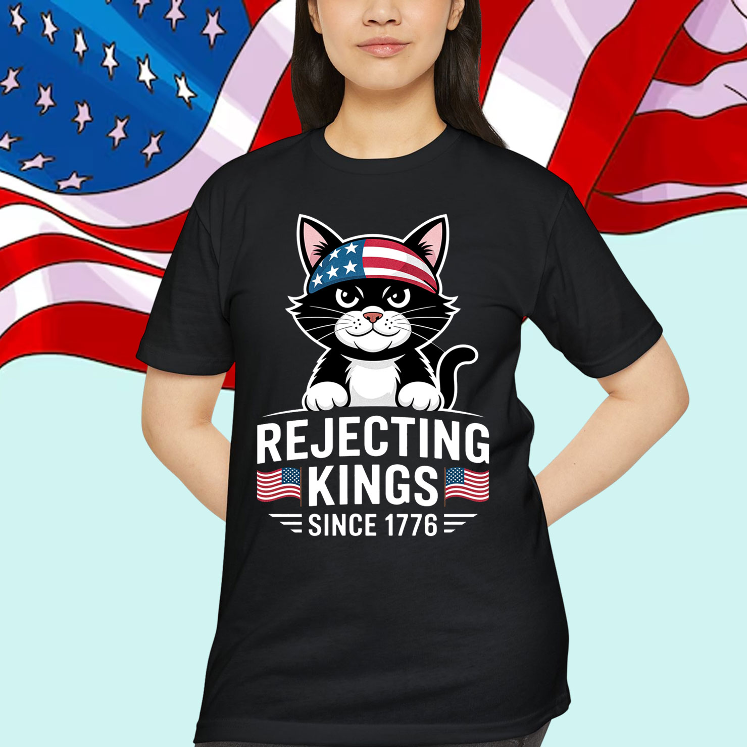 Rejecting Kings Since 1776 Patriotic USA Black Cat T-Shirt