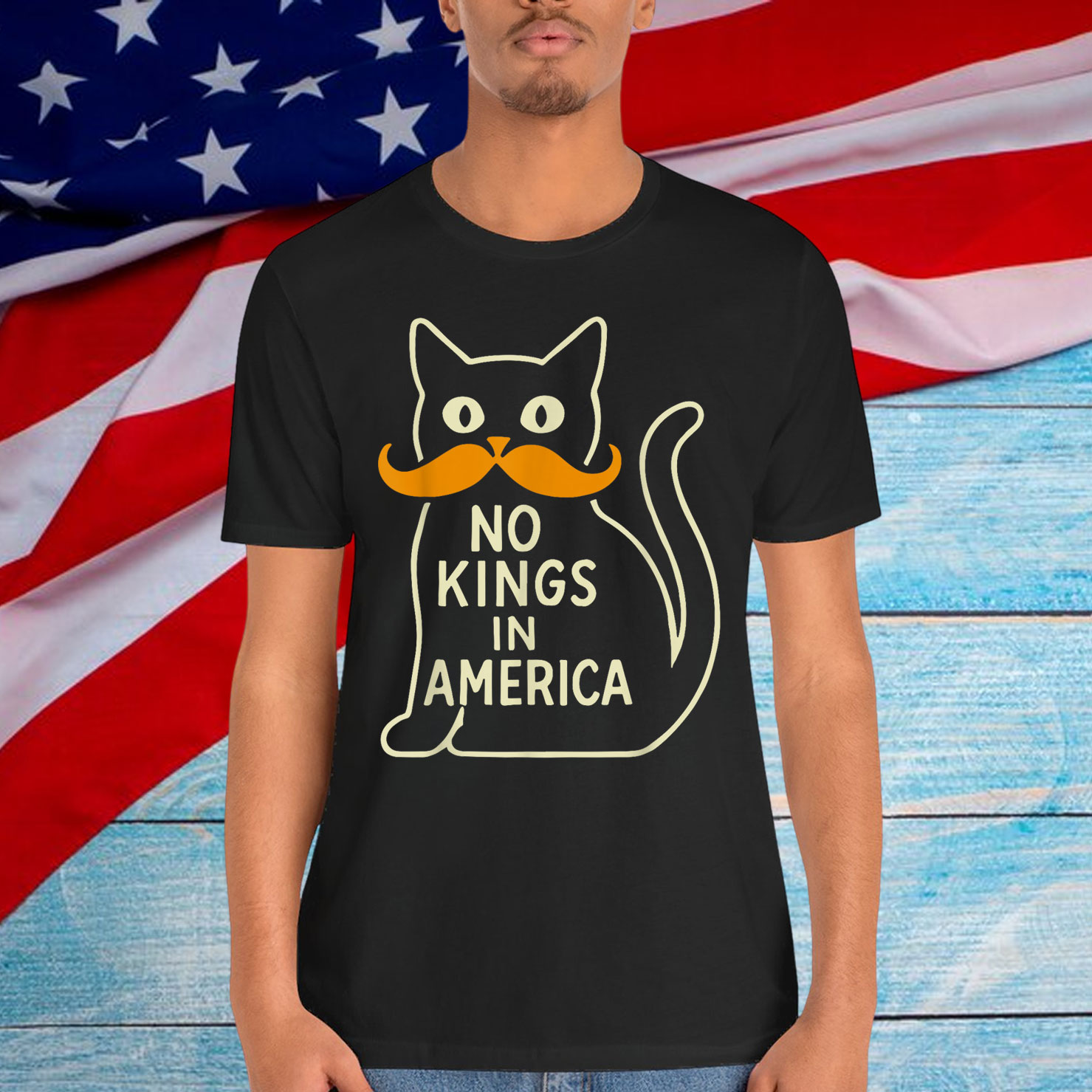 Retro June 14th No Kings In America 1776 USA Flag Black Cat T-Shirt