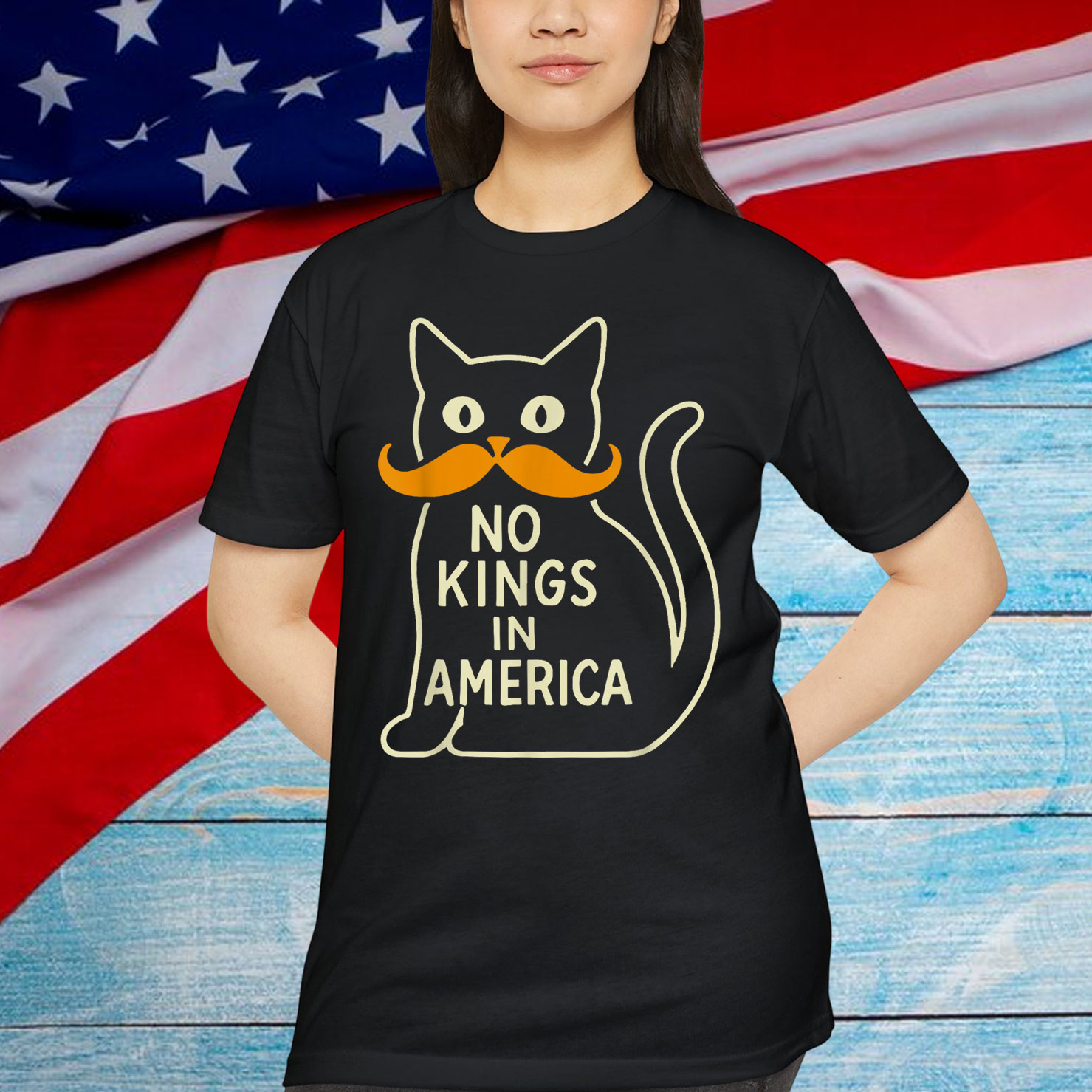 Retro June 14th No Kings In America 1776 USA Flag Black Cat T-Shirt