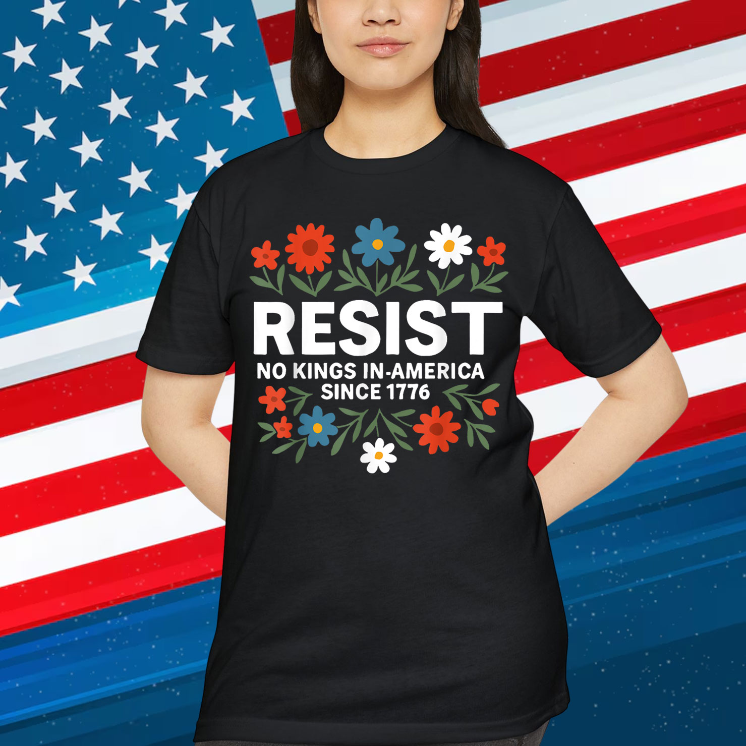 Retro No Kings In America Resist Floral Patriotic T-Shirt