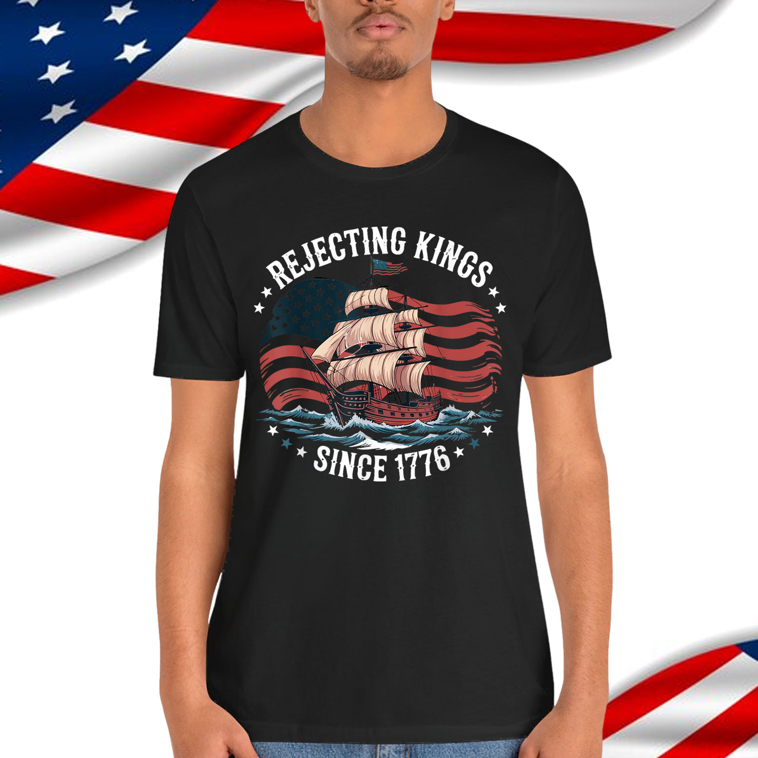 Vintage Rejecting Kings 1776 Patriotic USA Sailboat T-Shirt